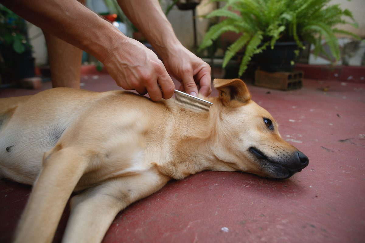 Mãos passando um pente fino de metal no pescoço de um cão caramelo deitado de lado no piso vermelho do quintal