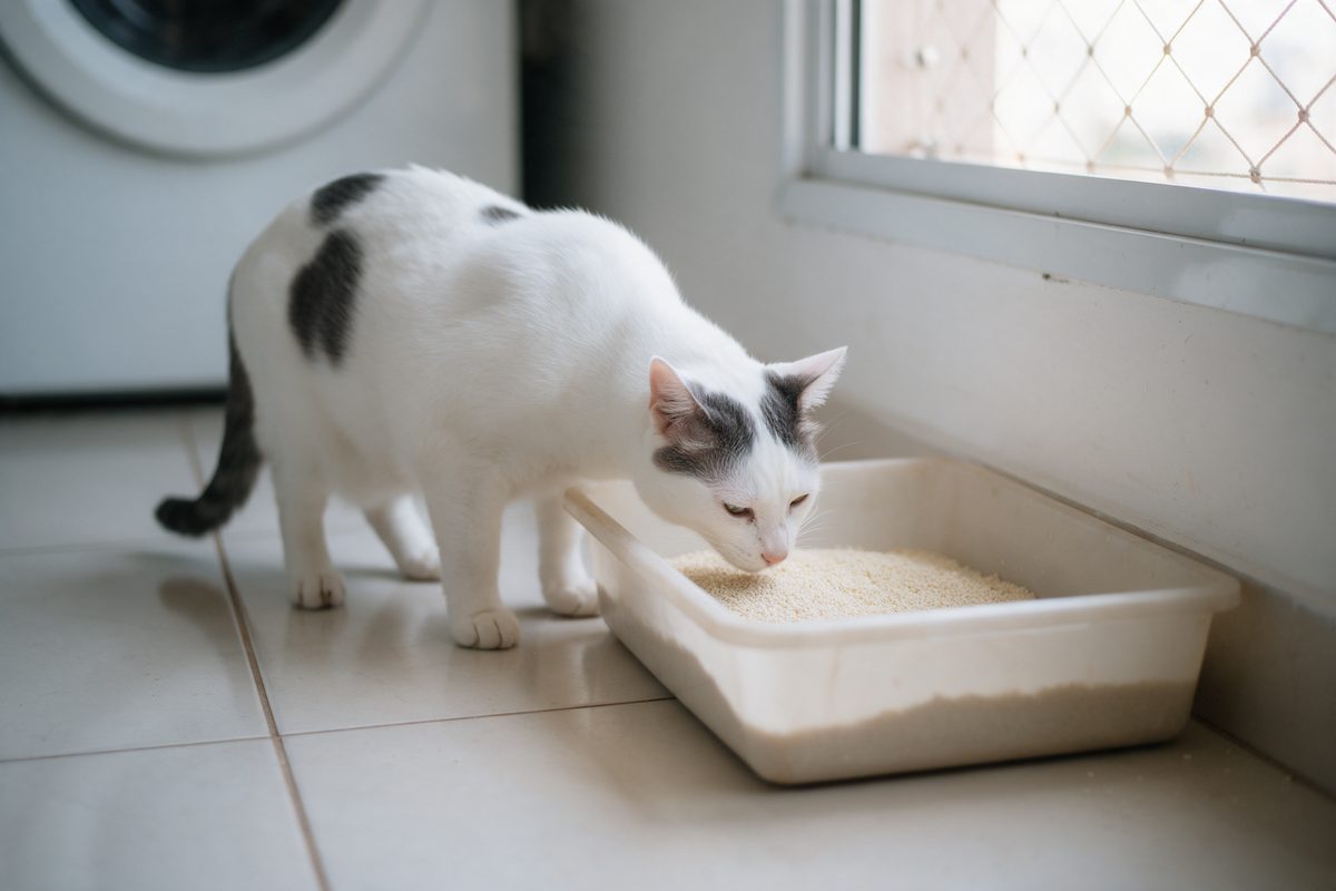 Gato branco com manchas cinza cheirando a areia de uma caixa retangular clara, na área de serviço