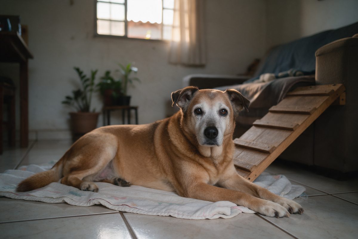 Cão idoso caramelo de focinho branco deitado sobre uma manta no piso, ao lado de uma rampa de madeira que sobe ao sofá