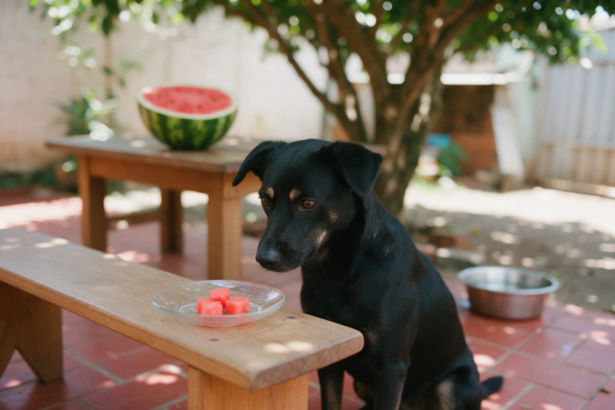 Cão preto de sobrancelhas caramelo olhando para um prato de vidro com cubos de melancia sem casca sobre um banco de madeira, à sombra de uma árvore