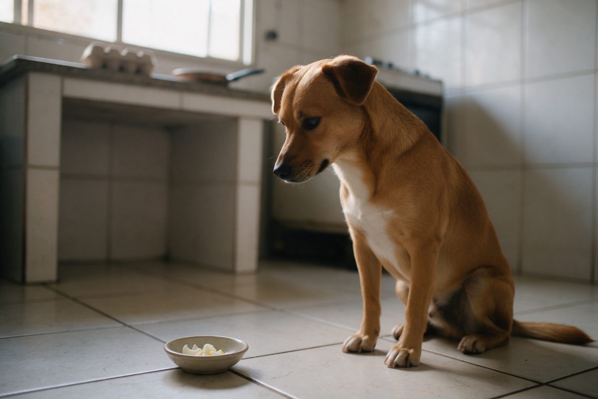 Cão caramelo de peito branco sentado no piso da cozinha, olhando para uma tigela pequena com pedaços de clara de ovo cozida