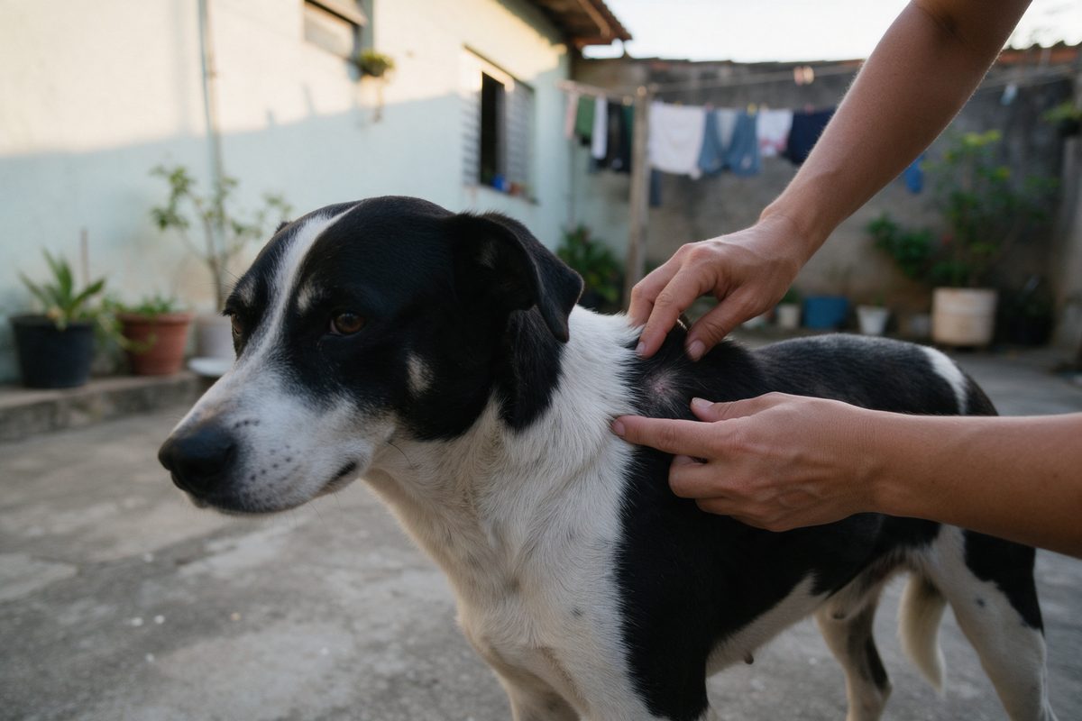 Mãos abrindo o pelo das costas de um cão preto e branco em pé no quintal, para olhar a pele