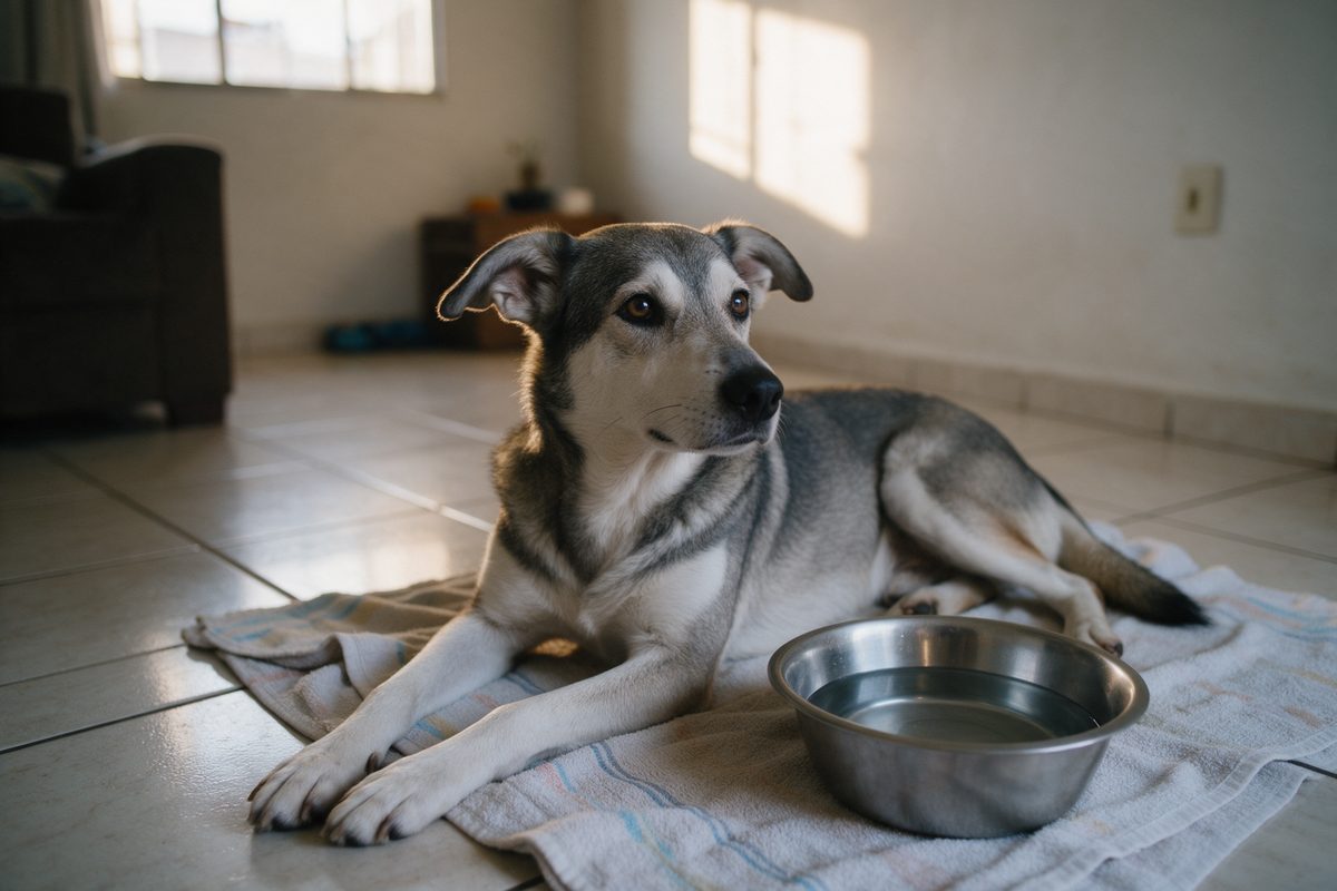 Cão cinza e branco deitado sobre uma toalha no piso da sala, ao lado de uma tigela de inox com água