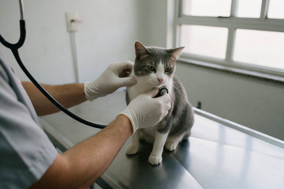 Mãos de luva examinando um gato cinza e branco com o estetoscópio, sobre a mesa de inox de um consultório