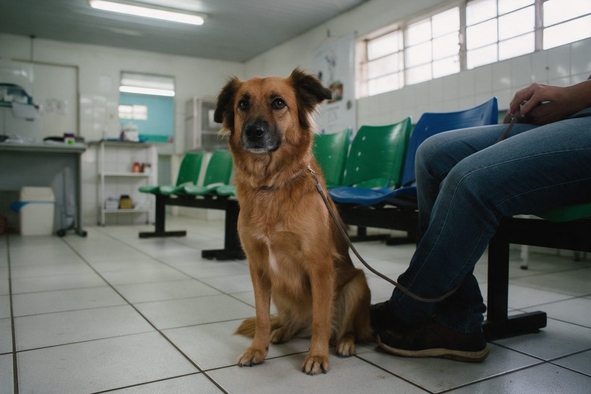 Cão caramelo de guia sentado no piso da sala de espera de um atendimento veterinário, ao lado das pernas do tutor