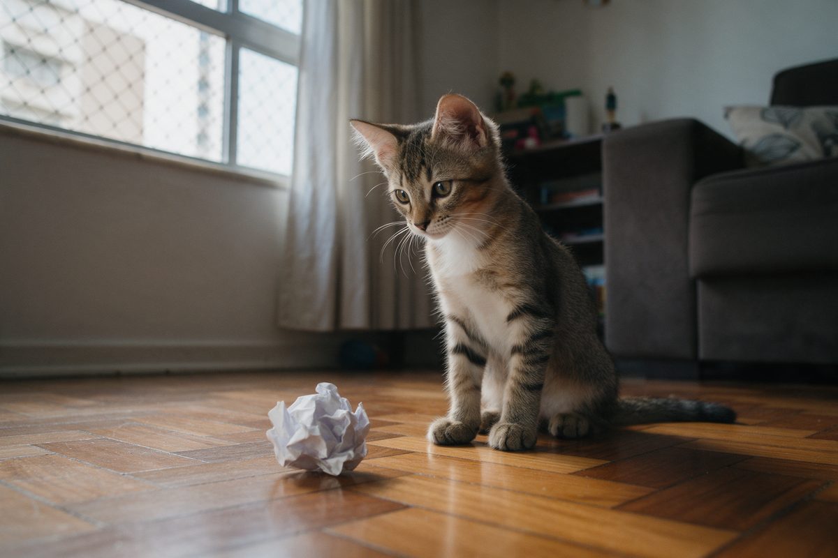 Filhote de gato tigrado de peito branco sentado no piso de taco, olhando para uma bolinha de papel amassado