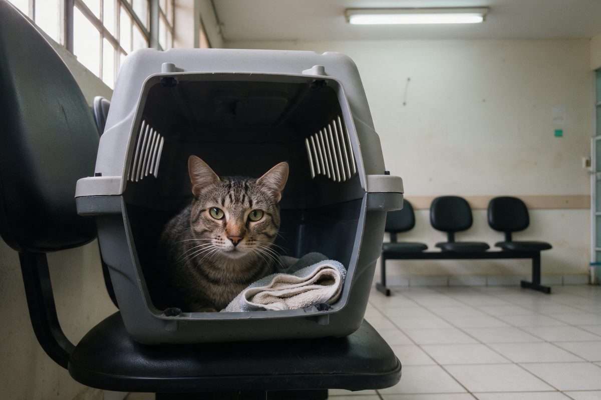 Gato tigrado dentro de uma caixa de transporte aberta, sobre uma cadeira na sala de espera de uma clínica veterinária