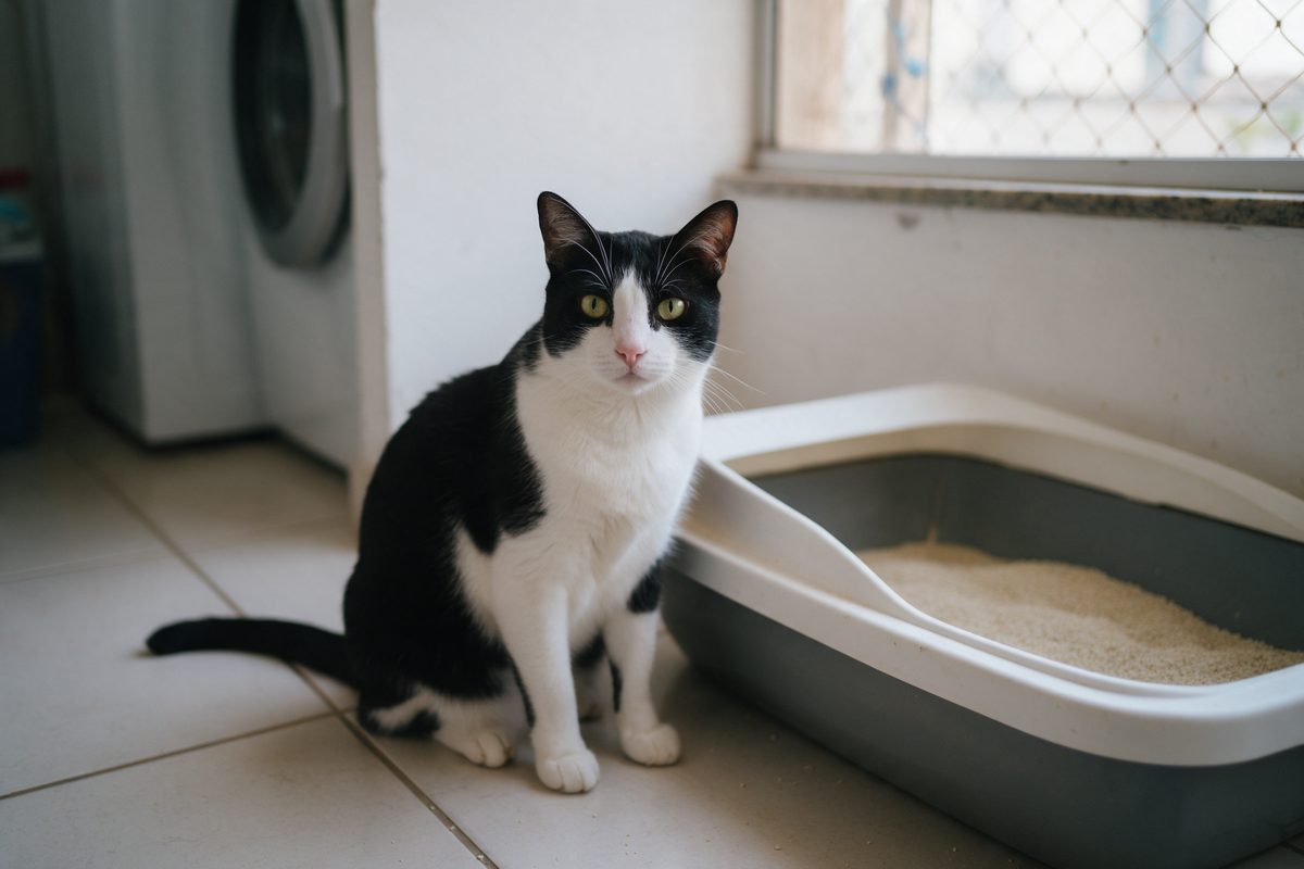 Gato preto e branco sentado ao lado de uma caixa de areia grande e limpa, num canto da área de serviço