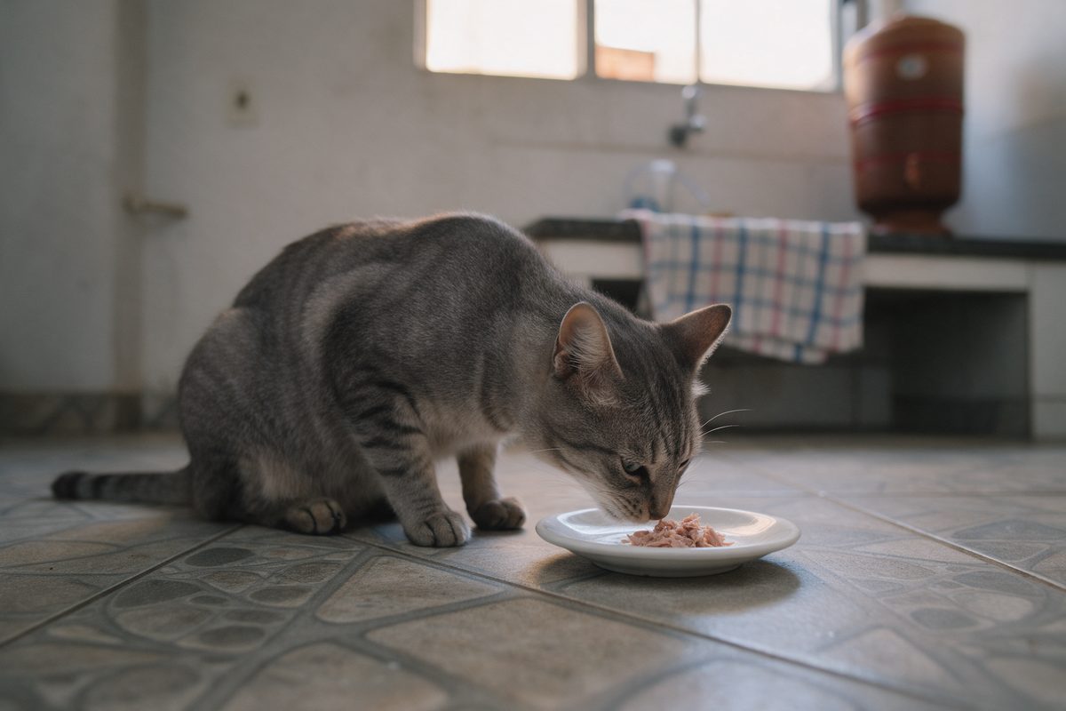 Gato tigrado cinza comendo uma porção pequena de atum desfiado num pires branco, no piso de ladrilho hidráulico da cozinha