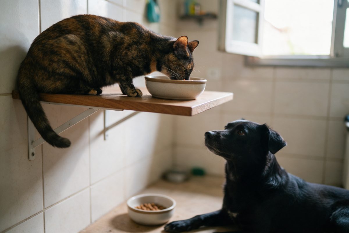 Gata escaminha comendo numa tigela sobre uma prateleira alta da cozinha, enquanto um cão preto deitado no chão, ao lado da própria tigela, olha para cima