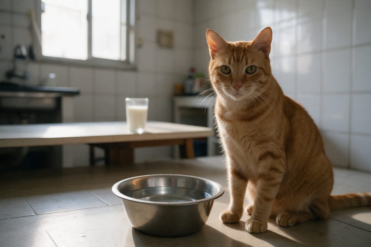 Gato laranja tigrado sentado ao lado de uma tigela de inox com água, com um copo de leite sobre a mesa ao fundo