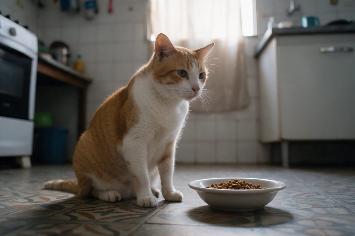 Gato laranja e branco sentado no piso da cozinha, olhando para uma tigela de ração seca