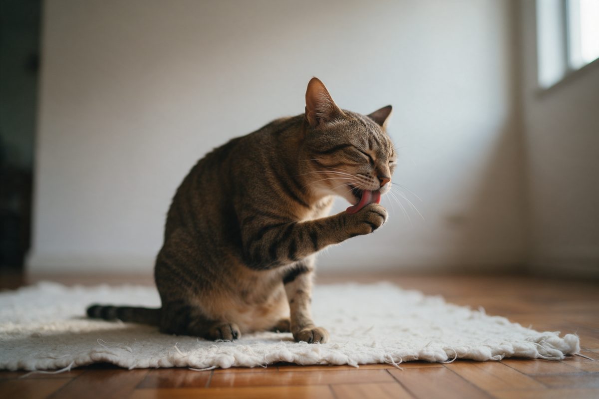 Gato tigrado marrom sentado num tapete claro sobre piso de taco, lambendo a pata dianteira de olhos fechados