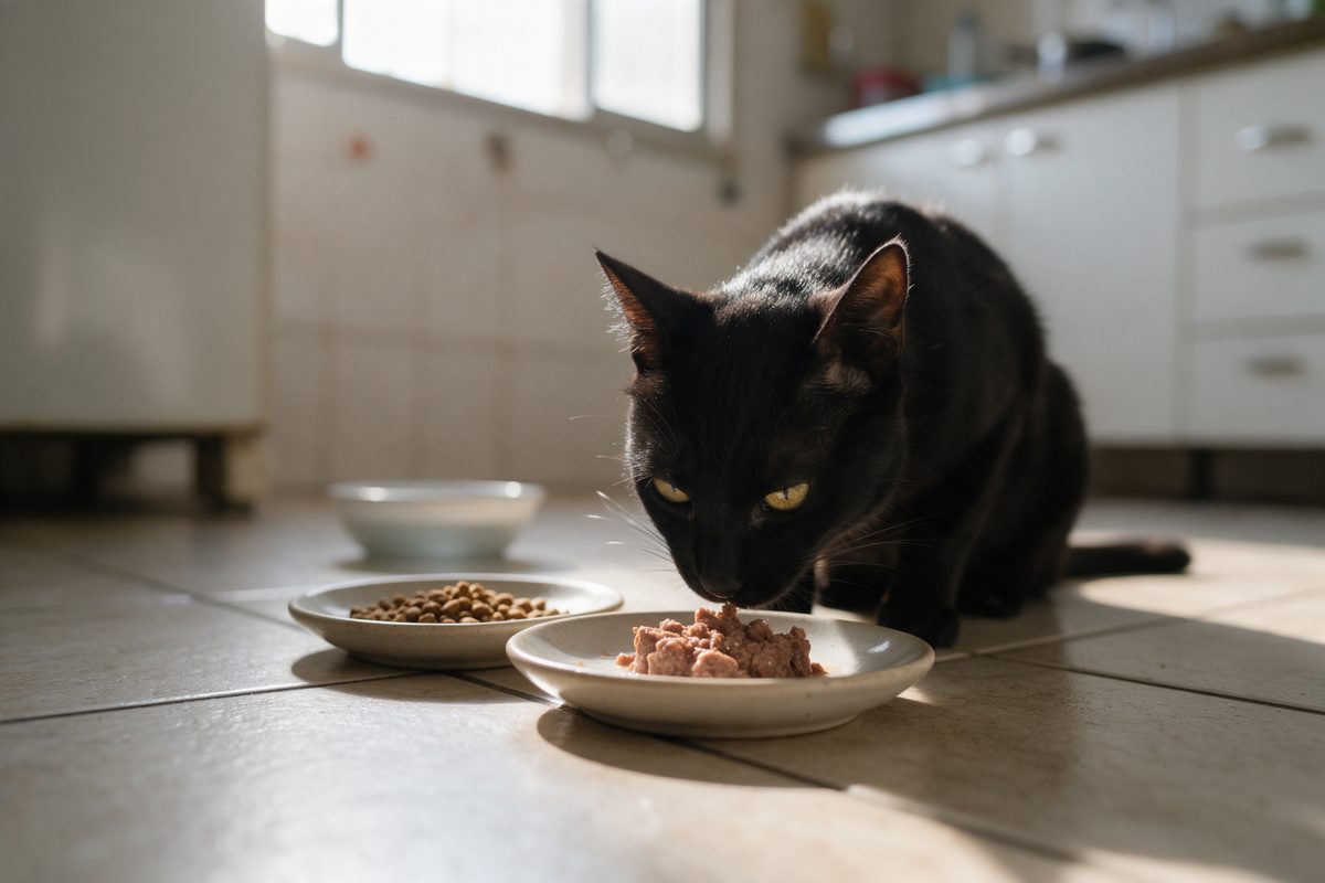 Gato preto de olhos amarelos cheirando um prato de alimento úmido, ao lado de um prato de ração seca e com a tigela de água ao fundo